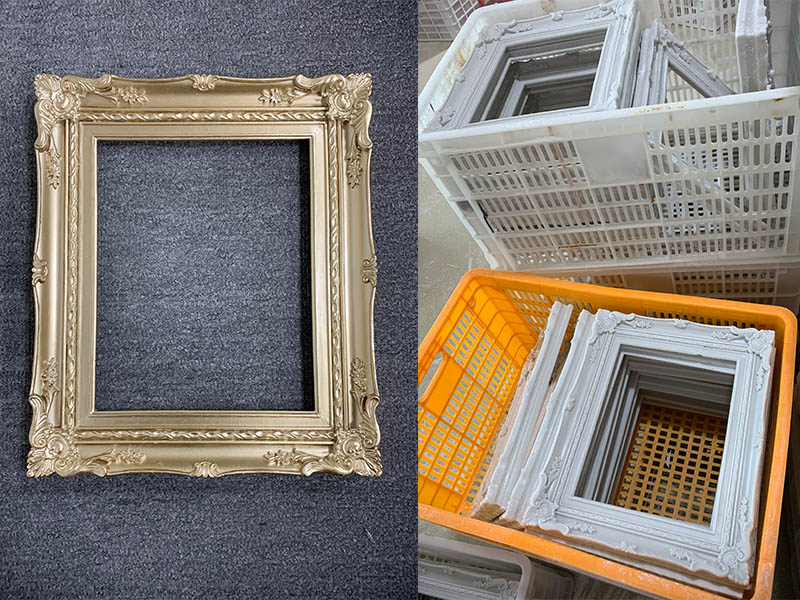 There is a beautiful antique picture frame hanging on the wall