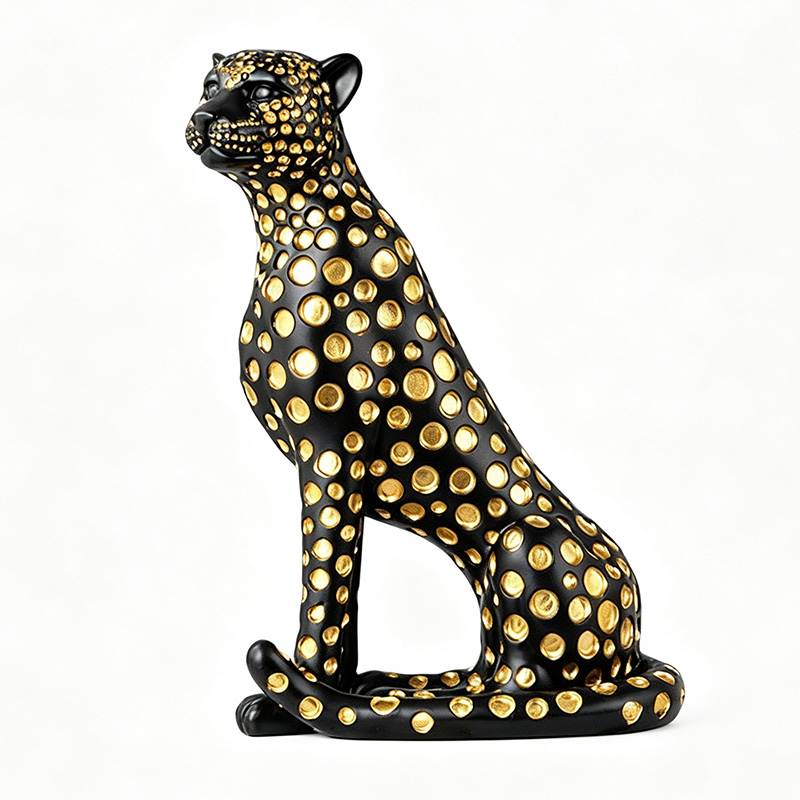 Black Gold Spotted Sitting Leopard Resin Statue Luxury Home Decor Ornament